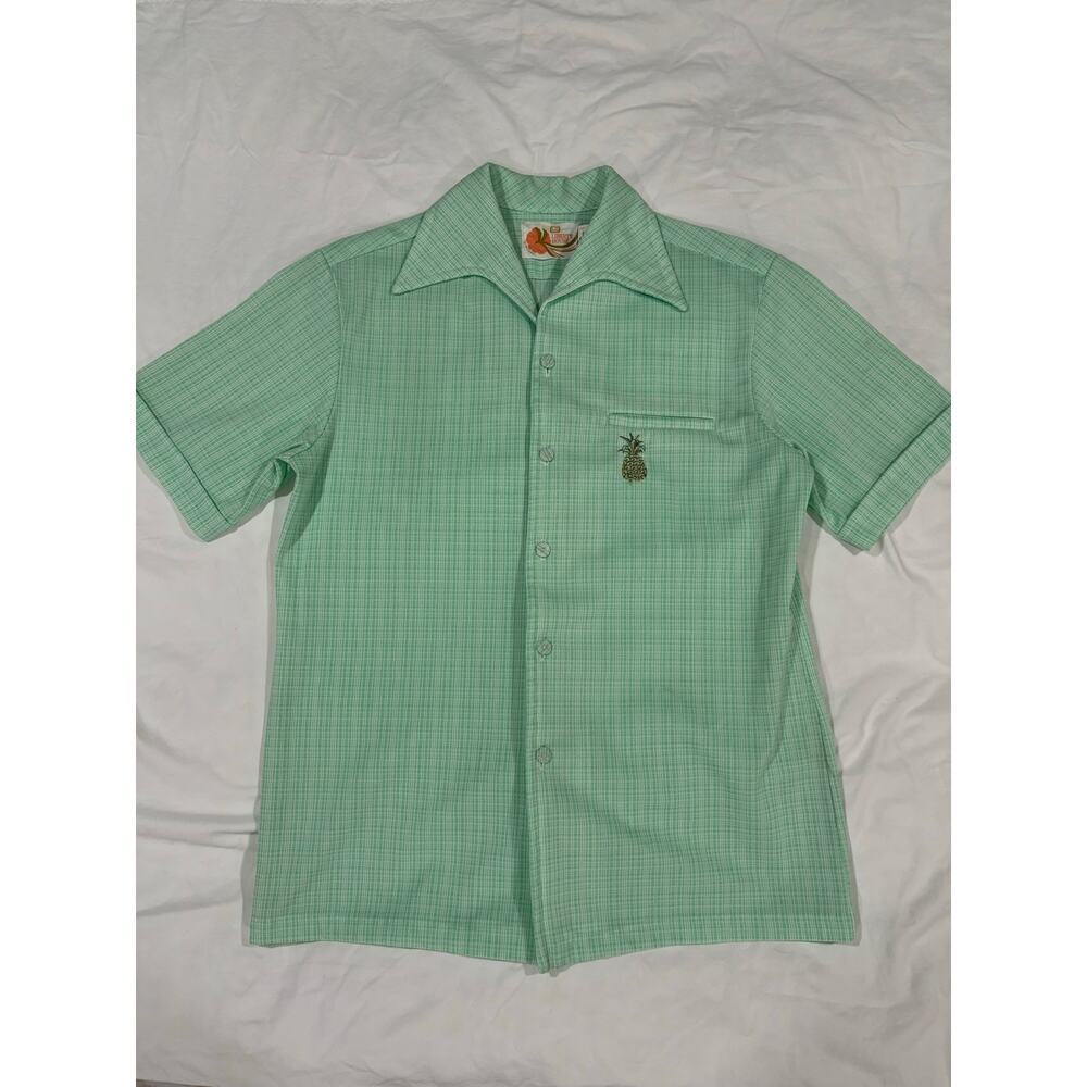 Vintage 70s Liberty House Green Pineapple Hawaiian Button Up Shirt Medium